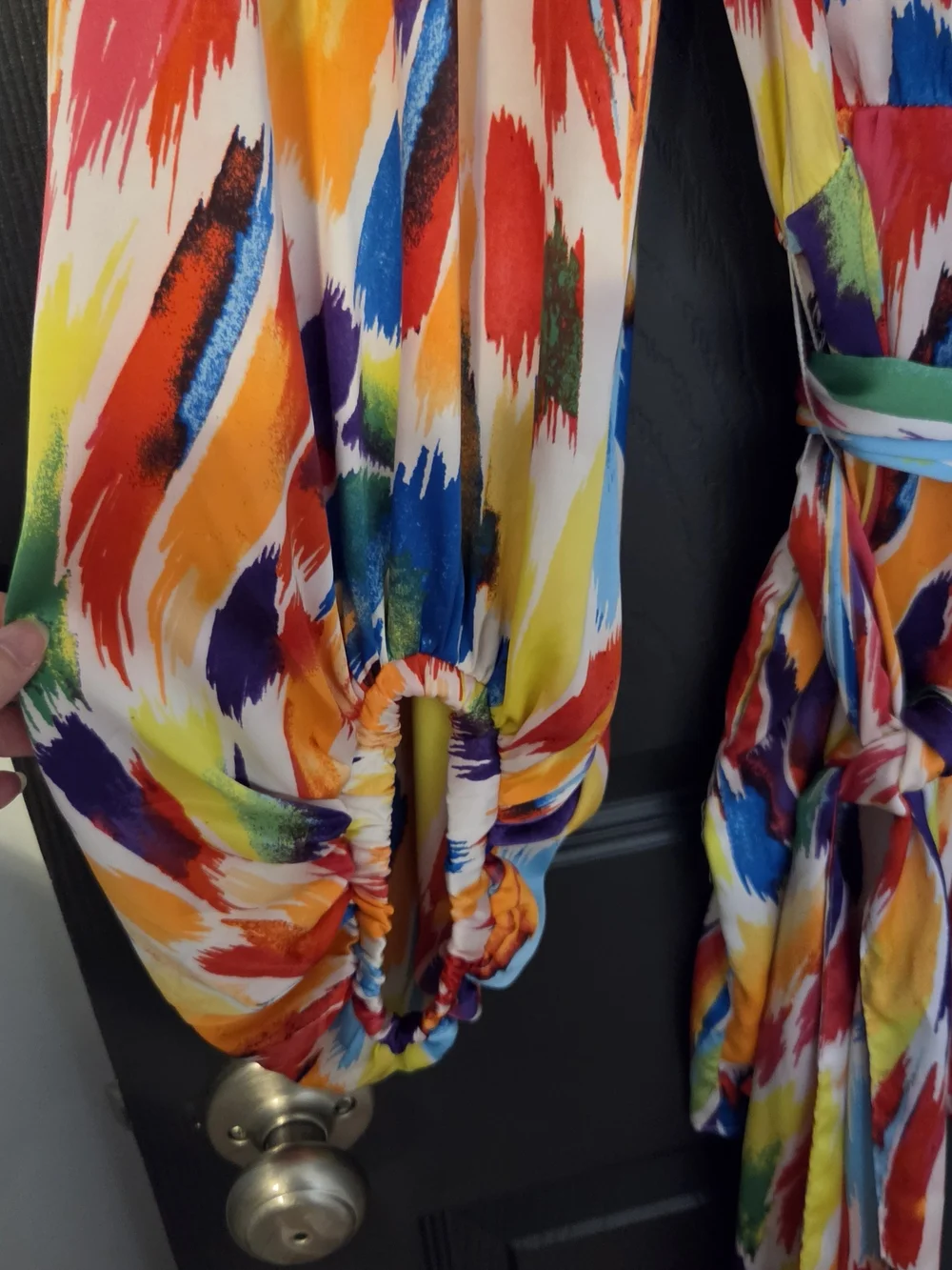New York & Company Multicolor Brushstroke Wrap Romper - Bright Rainbow Hues - Picture 4 of 4